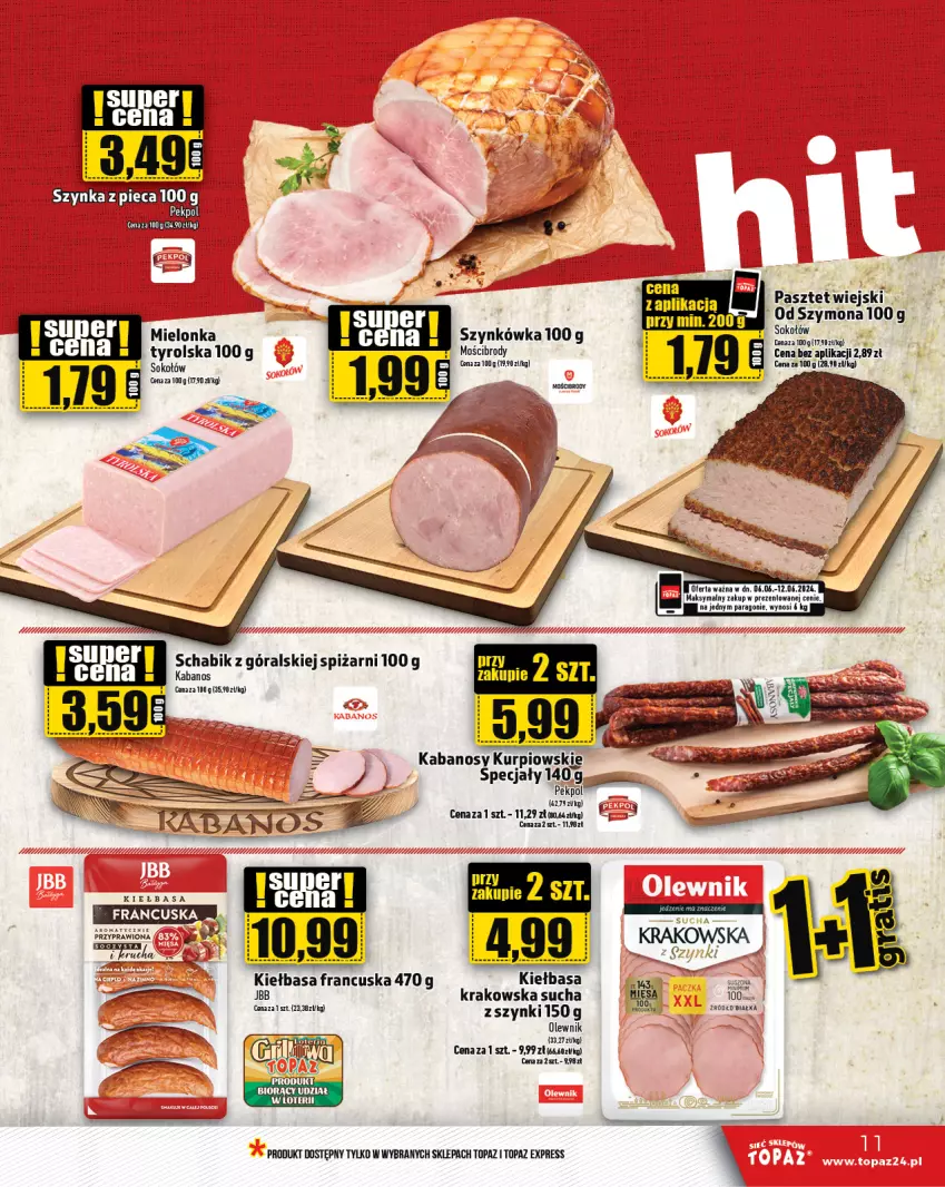 Gazetka promocyjna Topaz - Gazetka - ważna 06.06 do 12.06.2024 - strona 11 - produkty: Kabanos, Kiełbasa, Olewnik, Pasztet, Sok, Sokołów, Top