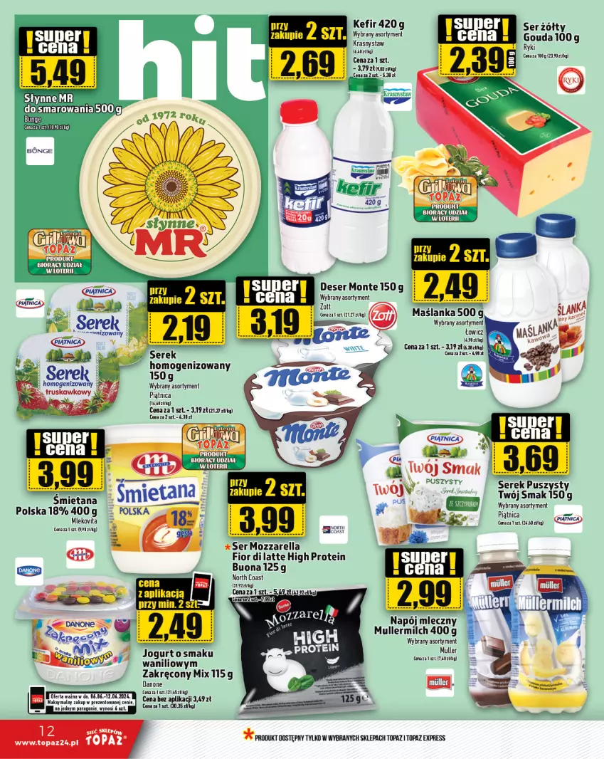 Gazetka promocyjna Topaz - Gazetka - ważna 06.06 do 12.06.2024 - strona 12 - produkty: Danone, Deser, Gouda, Gra, Jogurt, Kefir, Mleko, Mlekovita, Monte, Mozzarella, Napój, Napój mleczny, Piątnica, Ser, Top, Twój Smak, Vita C