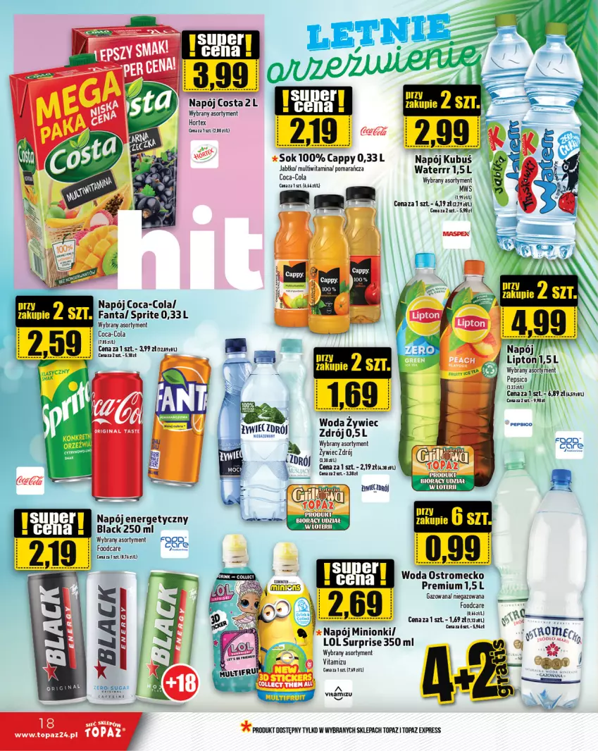 Gazetka promocyjna Topaz - Gazetka - ważna 06.06 do 12.06.2024 - strona 18 - produkty: Cappy, Coca-Cola, Fa, Fanta, Hortex, Kubuś, Lack, Napój, Napój energetyczny, Sok, Sprite, Top, Woda