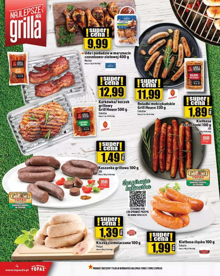 Gazetka promocyjna Topaz - Gazetka - ważna 06.06 do 12.06.2024 - strona 4 - produkty: Boczek, Grill, Isla, Kiełbasa, Kiełbasa śląska, Morliny, Pekpol, Sok, Sokołów, Top