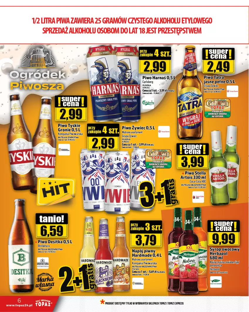 Gazetka promocyjna Topaz - Gazetka - ważna 06.06 do 12.06.2024 - strona 6 - produkty: Coca-Cola, Fa, Harnaś, Herbapol, Napój, Piwo, Top, Tyskie