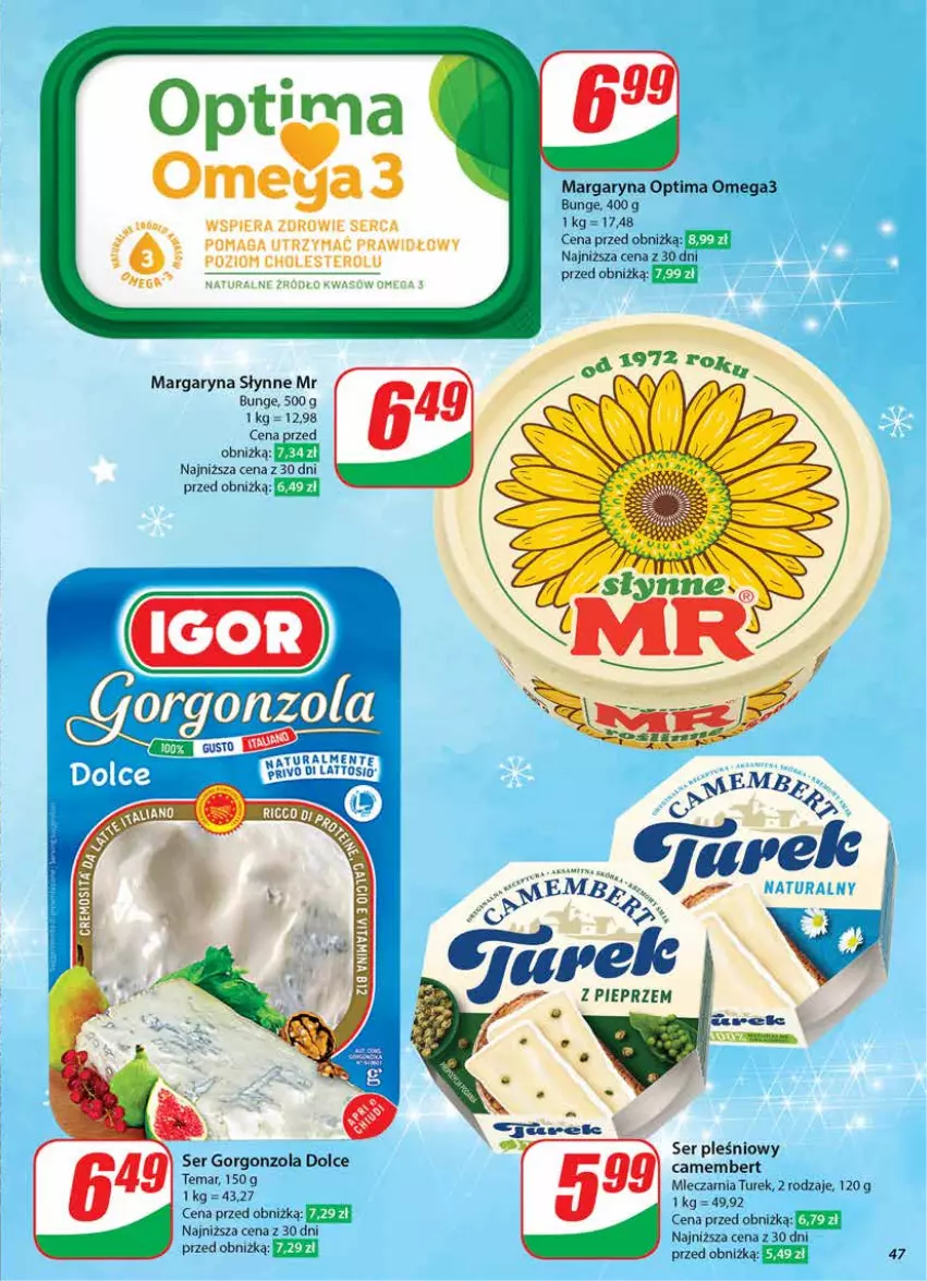 Gazetka promocyjna Dino - Gazetka 51 / 2024 - ważna 18.12 do 24.12.2024 - strona 47 - produkty: Aksam, Camembert, Fa, Gorgonzola, Margaryna, Optima, Optima Omega3, Ser, Ser pleśniowy, Słynne, Zdrowie