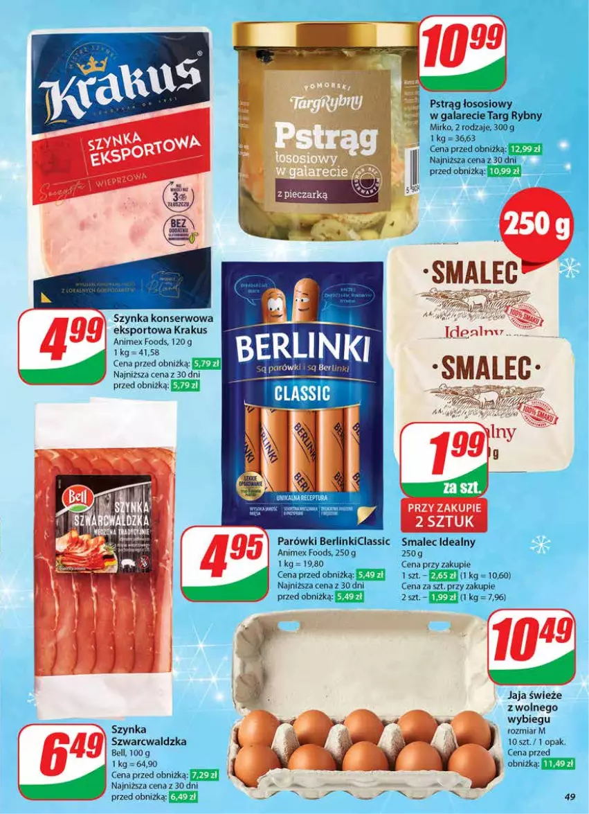 Gazetka promocyjna Dino - Gazetka 51 / 2024 - ważna 18.12 do 24.12.2024 - strona 49 - produkty: Bell, Berlinki, Gala, Jaja, Krakus, Parówki, Por, Pstrąg, Pstrąg łososiowy, Ser, Smalec, Sos, Sport, Szynka, Szynka konserwowa