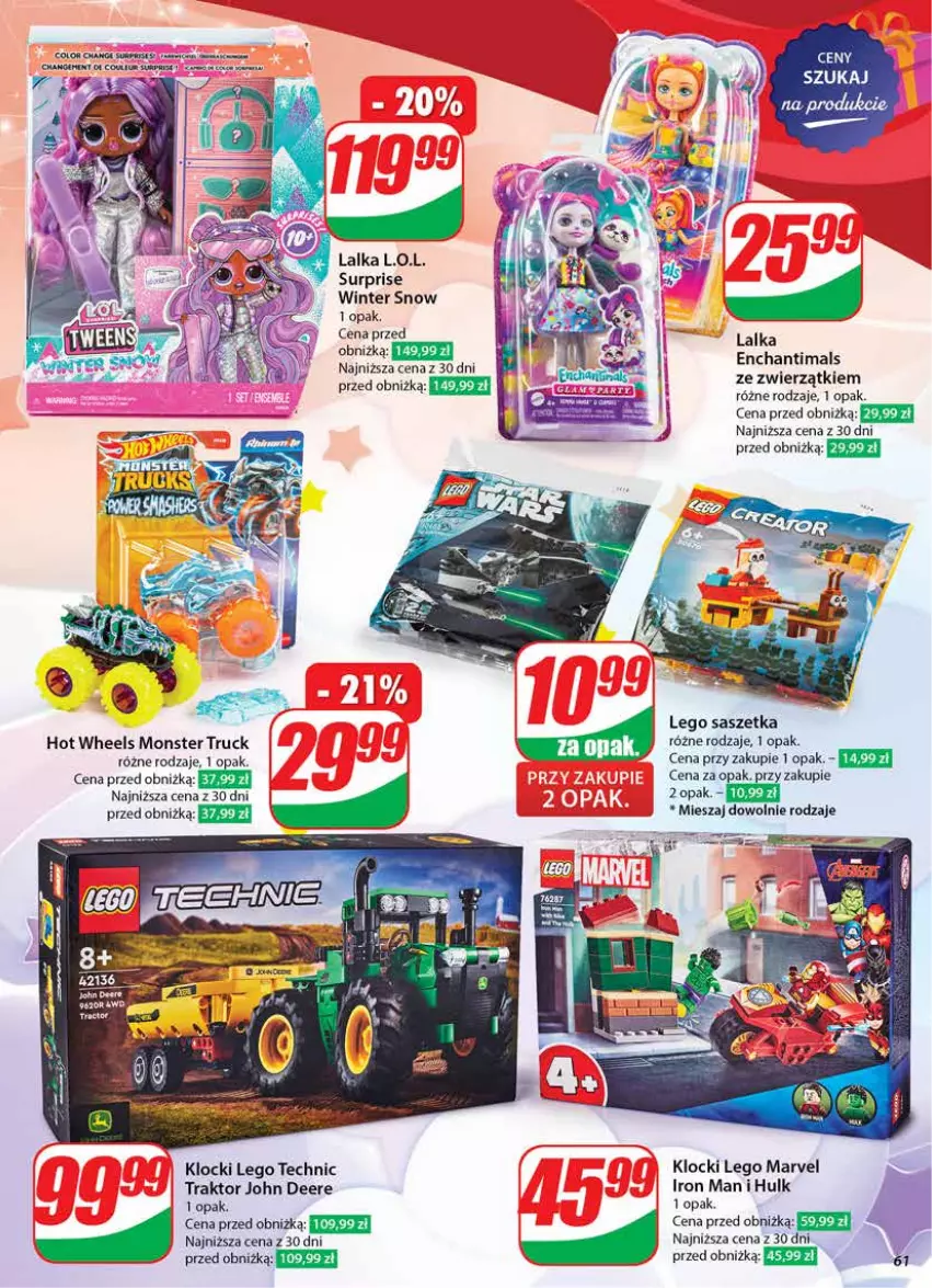 Gazetka promocyjna Dino - Gazetka 51 / 2024 - ważna 18.12 do 24.12.2024 - strona 61 - produkty: Enchantimals, Hot Wheels, Klocki, L.O.L., Lalka, LEGO, LEGO Technic, Monster truck, Traktor