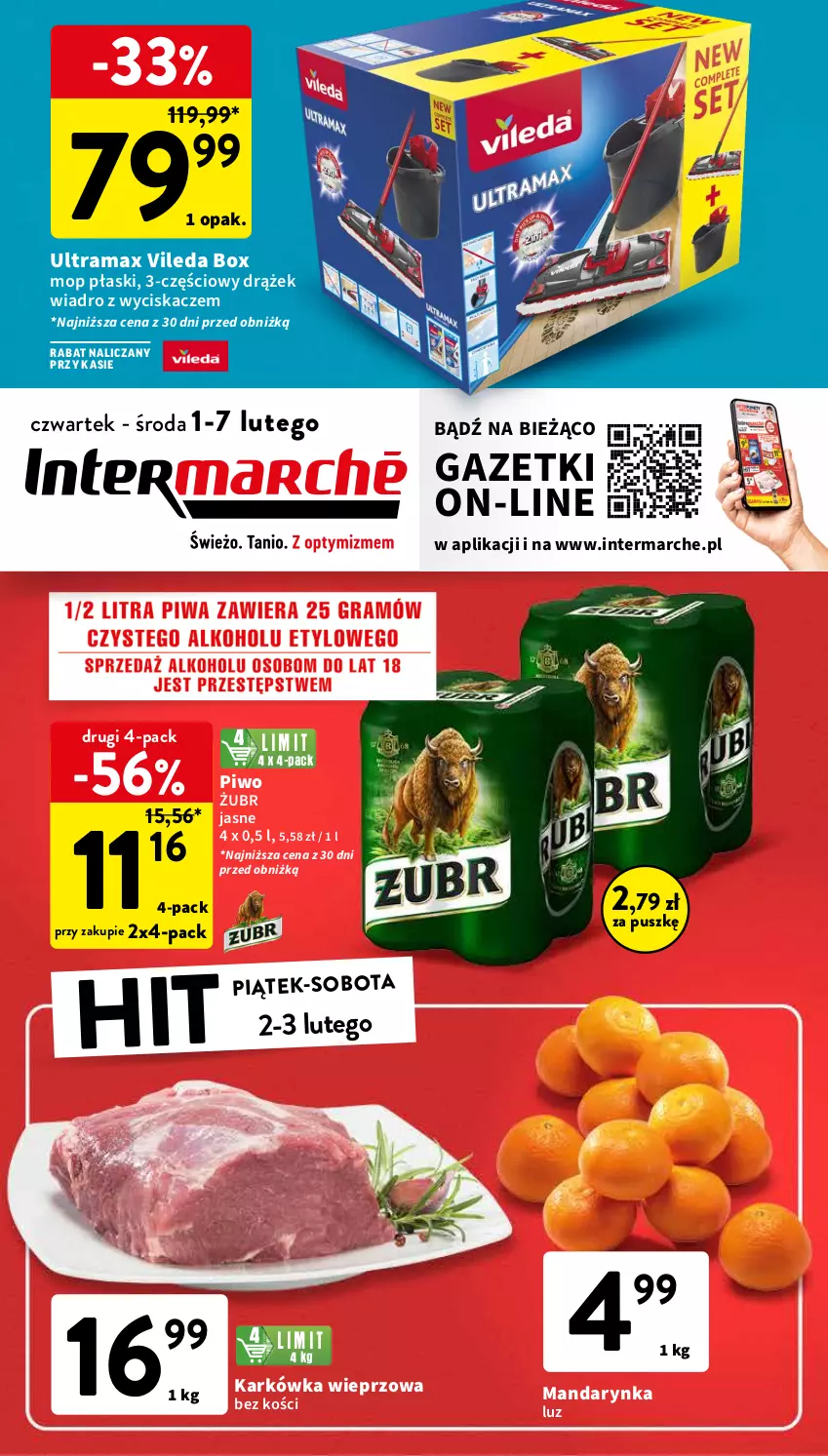 Gazetka promocyjna Intermarche - Gazetka Intermarche - ważna 01.02 do 07.02.2024 - strona 1 - produkty: Karkówka wieprzowa, Mop, Piwo, Rama, Vileda, Wiadro, Wiadro z wyciskaczem