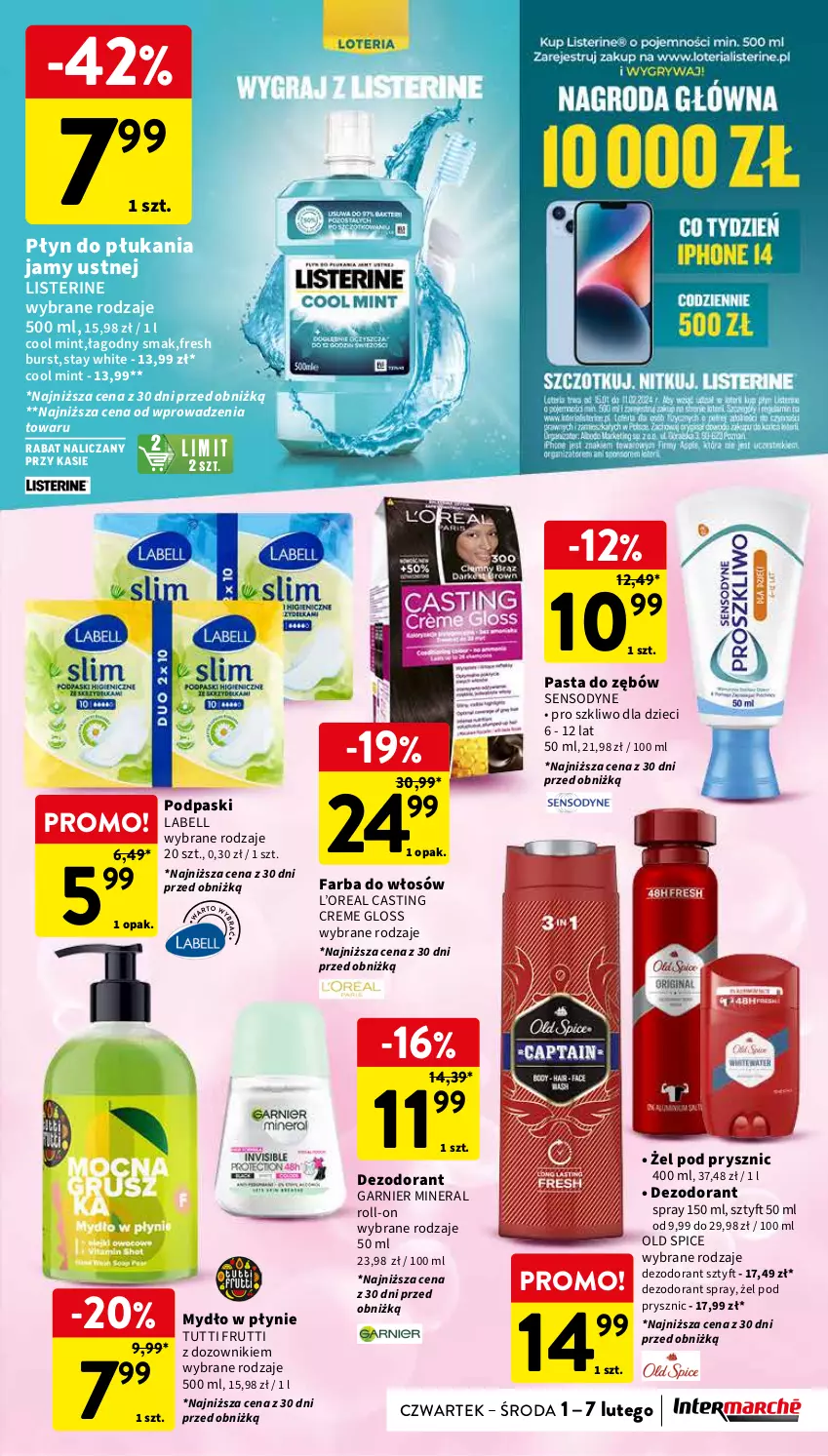 Gazetka promocyjna Intermarche - Gazetka Intermarche - ważna 01.02 do 07.02.2024 - strona 37 - produkty: Bell, Dezodorant, Dozownik, Dzieci, Fa, Farba do włosów, Garnier, Listerine, Mydło, Mydło w płynie, Old Spice, Pasta do zębów, Płyn do płukania, Płyn do płukania jamy ustnej, Podpaski, Sensodyne