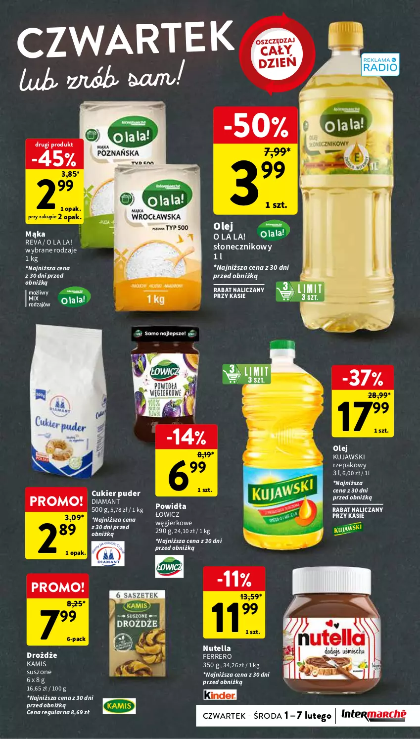 Gazetka promocyjna Intermarche - Gazetka Intermarche - ważna 01.02 do 07.02.2024 - strona 7 - produkty: Cukier, Cukier puder, Diamant, Drożdże, Ferrero, Kamis, Kujawski, Mąka, Nutella, Olej, Puder