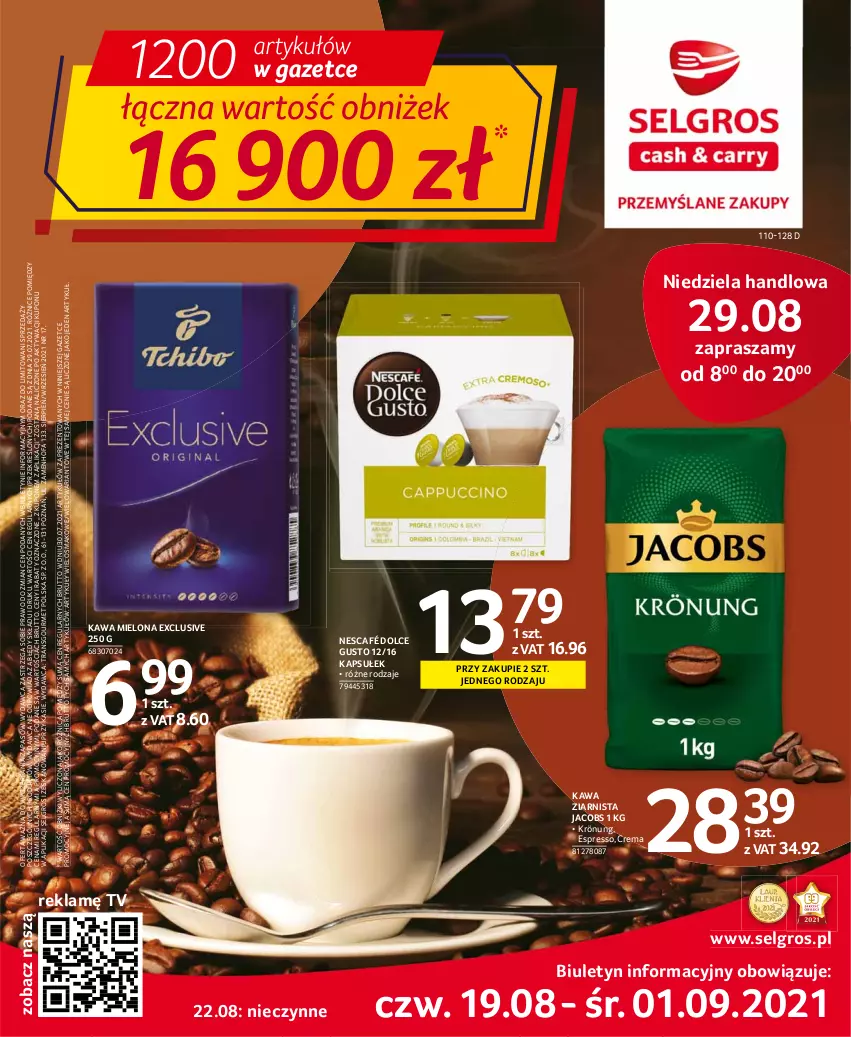 Gazetka promocyjna Selgros - Oferta spożywcza - ważna 19.08 do 01.09.2021 - strona 1 - produkty: Dolce Gusto, Fa, Jacobs, Kawa, Kawa mielona, Kawa ziarnista, LG, Nescafé, Tran