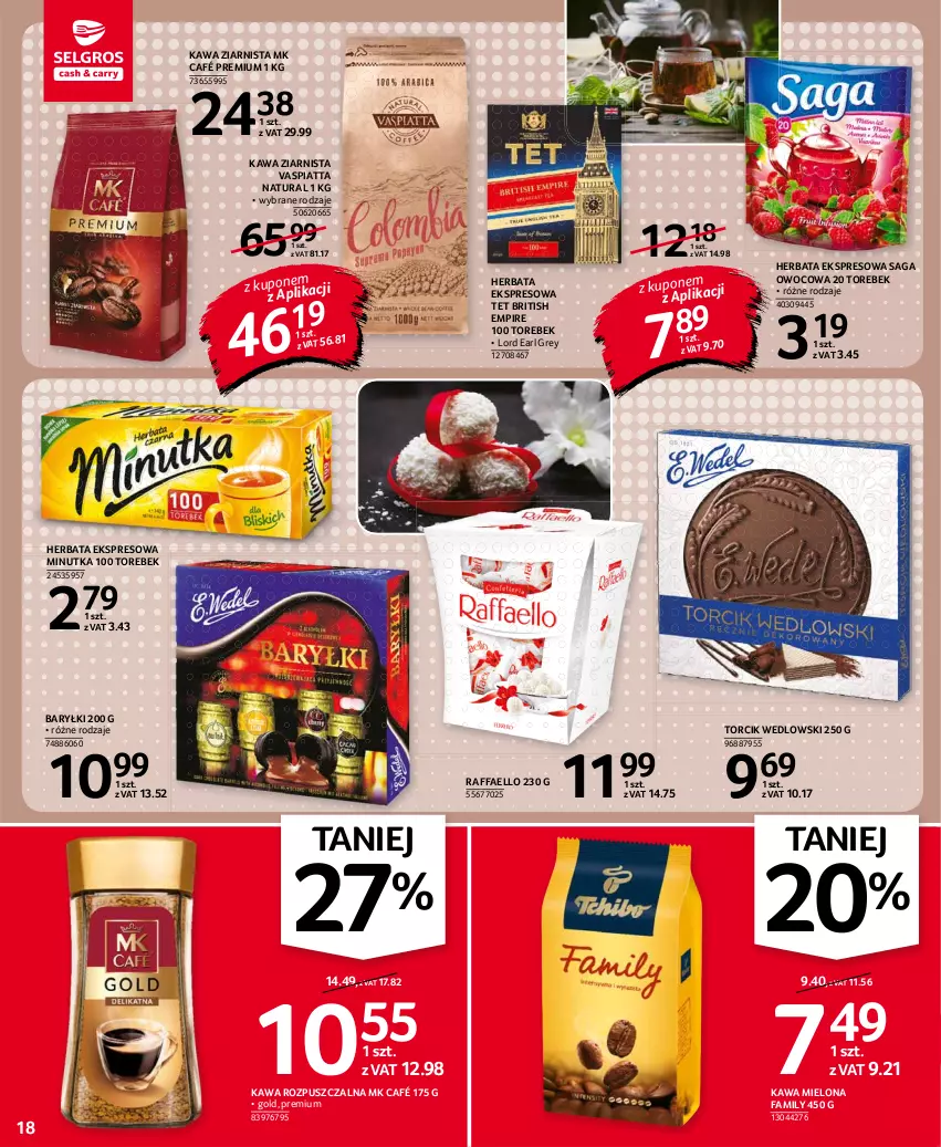 Gazetka promocyjna Selgros - Oferta spożywcza - ważna 19.08 do 01.09.2021 - strona 18 - produkty: Baryłki, Brit, Earl Grey, Fa, Herbata, Kawa, Kawa mielona, Kawa rozpuszczalna, Kawa ziarnista, Raffaello, Saga