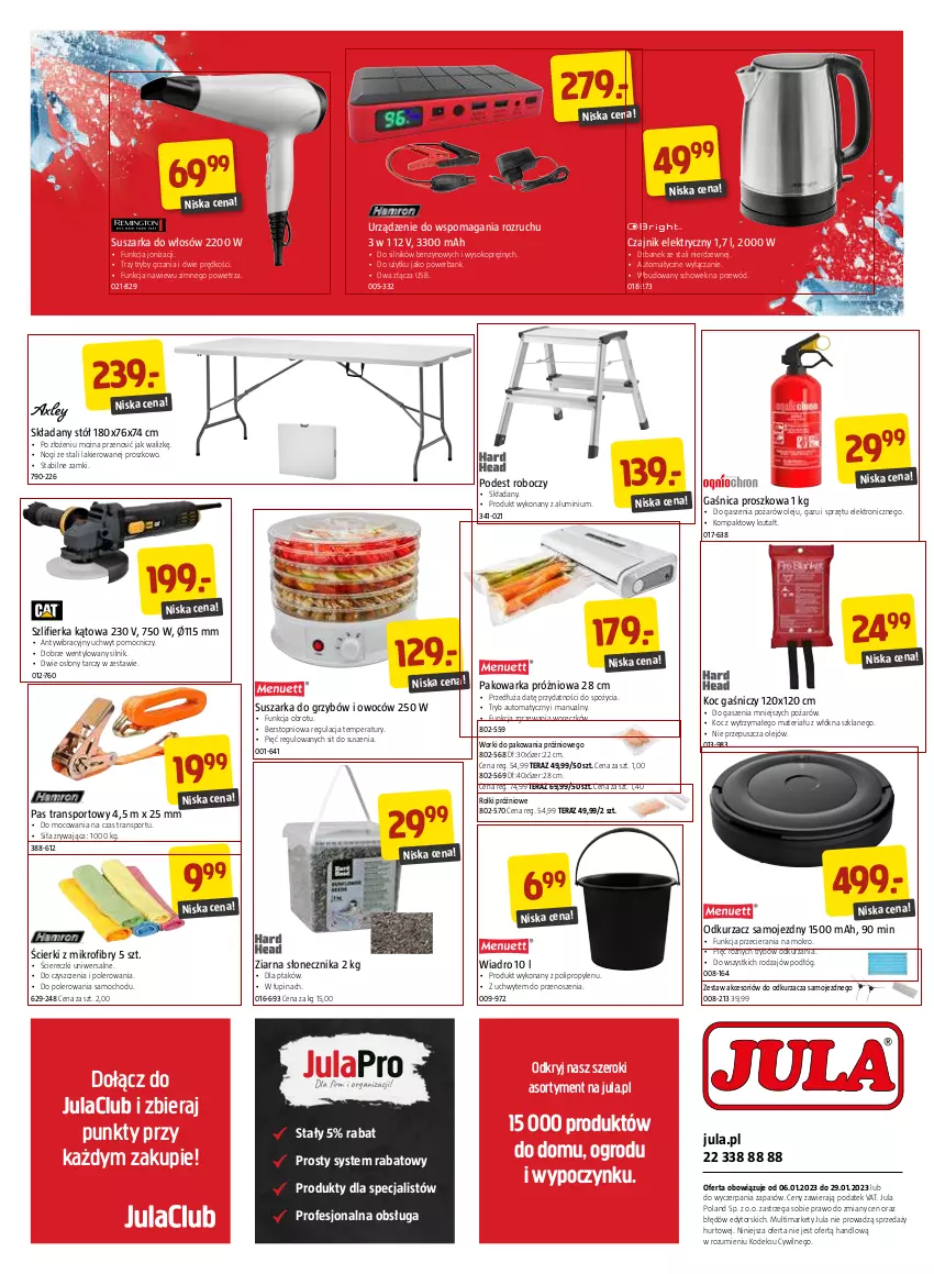 Gazetka promocyjna Jula - Gazetka - ważna 06.01 do 29.01.2023 - strona 8 - produkty: Czajnik, Czajnik elektryczny, Dzbanek, Gaśnica, Koc, Lakier, Odkurzacz, Olej, Pas transportowy, Por, Powerbank, Przewód, Rolki, Sok, Sport, Stół, Suszarka, Szlifierka, Szlifierka kątowa, Tera, Top, Tran, Warka, Wiadro