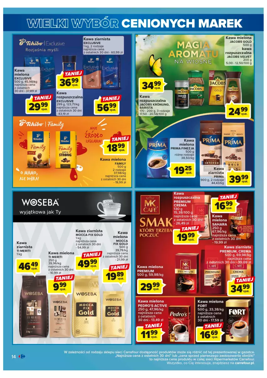 Gazetka promocyjna Carrefour - Gazetka Wielki wybór cenionych marek - ważna 30.05 do 10.06.2023 - strona 14 - produkty: Aksam, Fa, Jacobs, Jacobs Velvet, Kawa, Kawa mielona, Kawa rozpuszczalna, Kawa ziarnista, Prima, Velvet