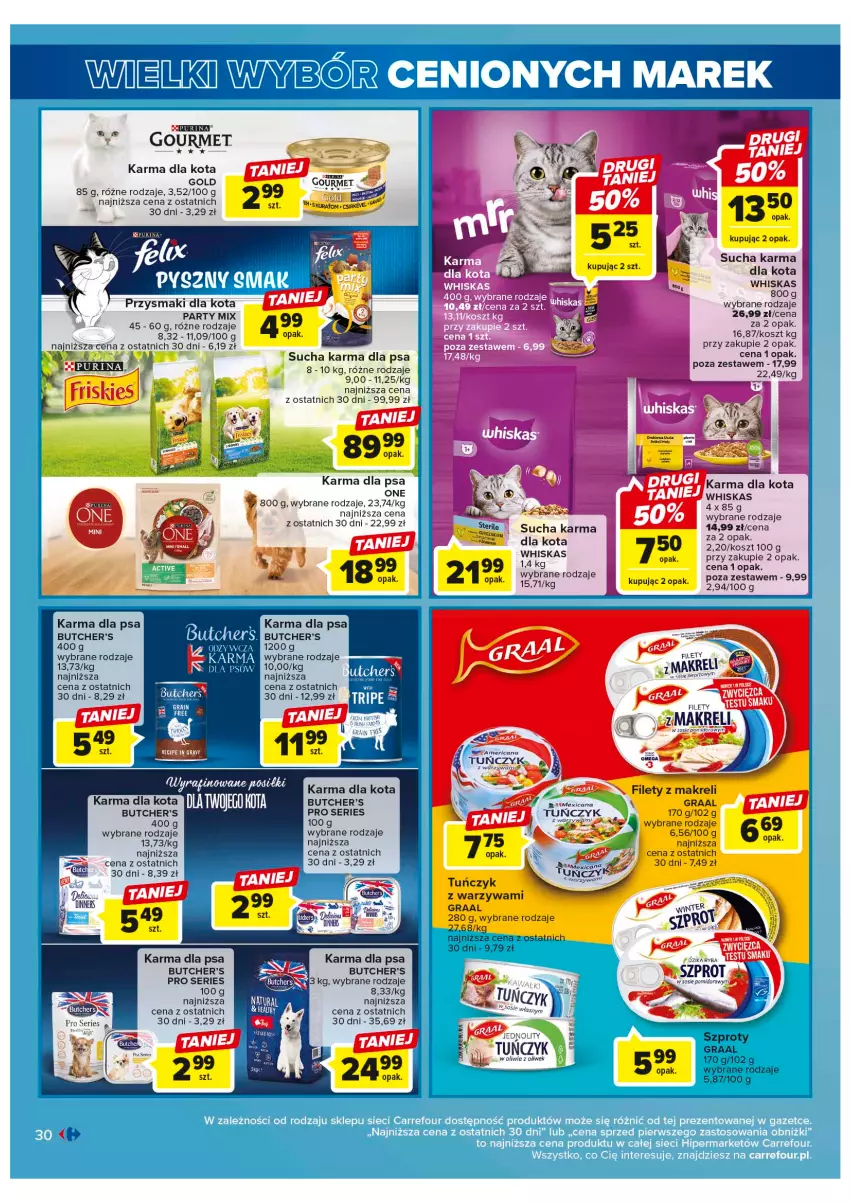 Gazetka promocyjna Carrefour - Gazetka Wielki wybór cenionych marek - ważna 30.05 do 10.06.2023 - strona 30 - produkty: Butcher's, Gra, Graal, Kosz, Przysmaki, Ryba, Ser, Sos, Sucha karma, Szprot, Szprot w sosie, Whiskas