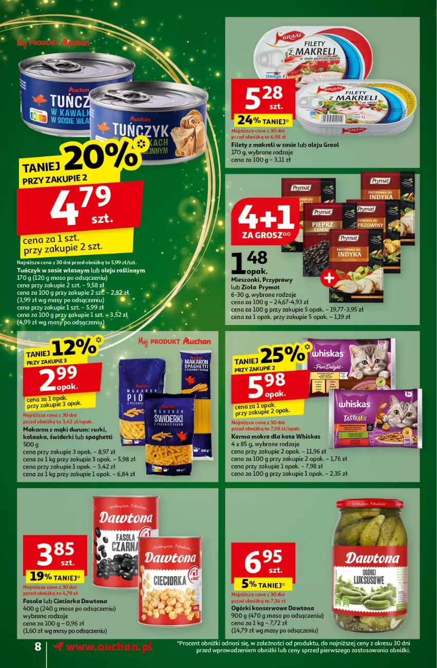 Gazetka promocyjna Auchan - Gazetka Pewność Niskich Cen Supermarket Auchan - ważna 05.12 do 11.12.2024 - strona 10 - produkty: Cieciorka, Dawtona, Fa, Fasola, Gra, Graal, LG, Makaron, Ogórki konserwowe, Olej, Orka, Prymat, Przyprawy, Rum, Rurki, Ser, Sos, Spaghetti, Tuńczyk, Whiskas