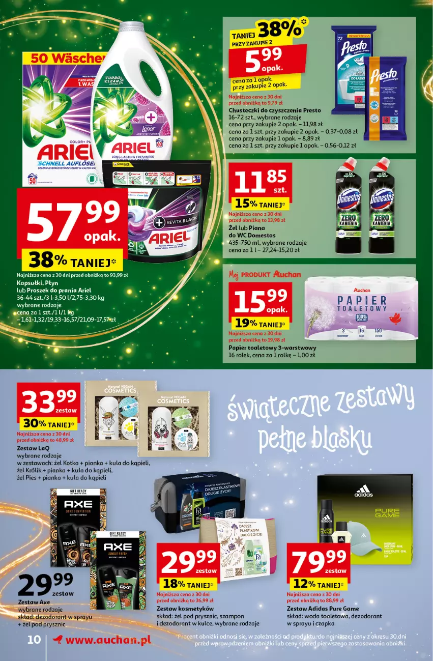 Gazetka promocyjna Auchan - Gazetka Pewność Niskich Cen Supermarket Auchan - ważna 05.12 do 11.12.2024 - strona 12 - produkty: Adidas, Ariel, Chusteczki, Chusteczki do czyszczenia, Czapka, Dezodorant, Domestos, Królik, Kula do kąpieli, Papier, Papier toaletowy, Presto, Proszek do prania, Pur, Szampon, Woda, Woda toaletowa