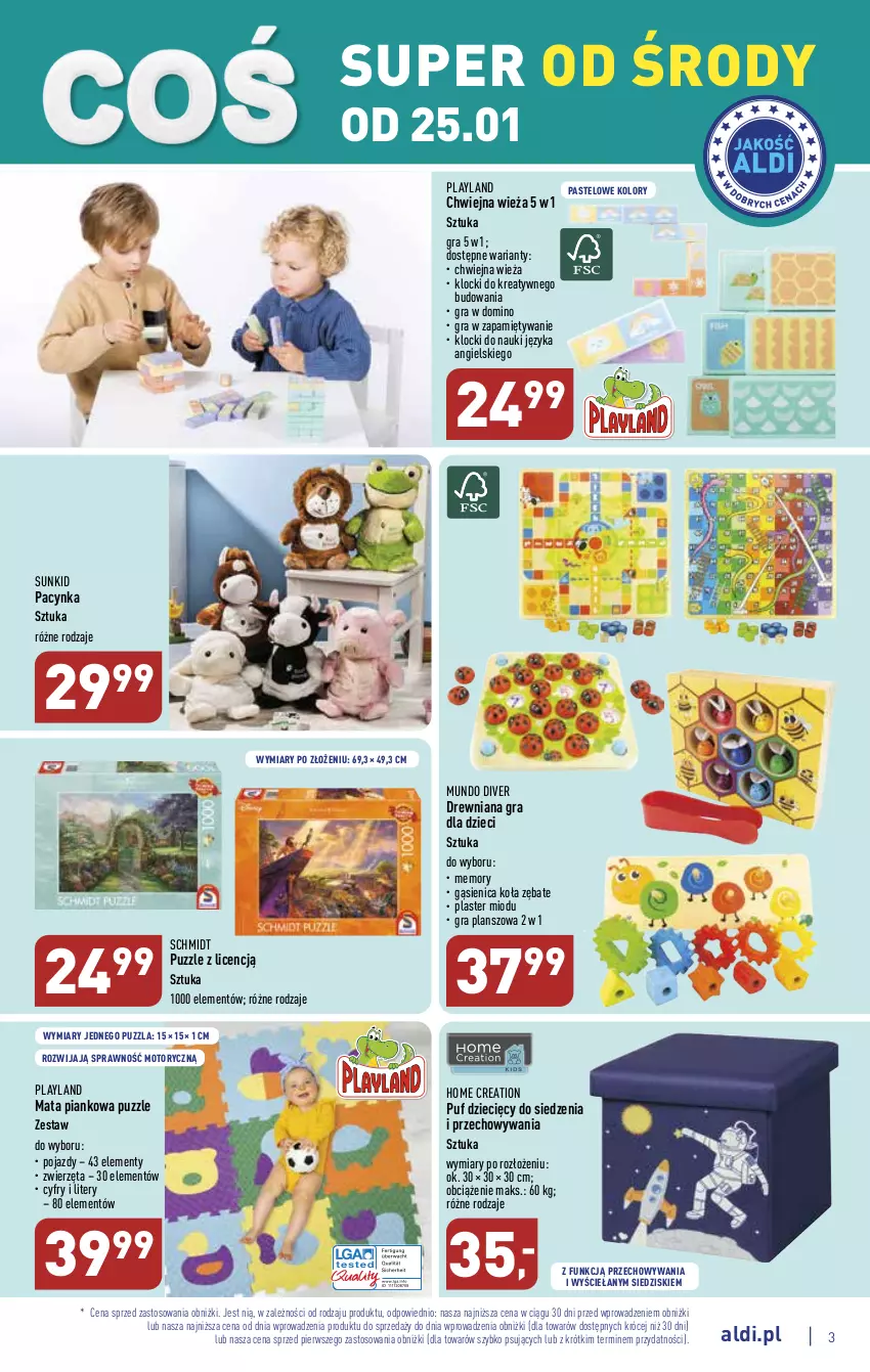 Gazetka promocyjna Aldi - COŚ na przyszły tydzień - ważna 25.01 do 28.01.2023 - strona 3 - produkty: Cynk, Dzieci, Gra, Klocki, Pojazd, Puf, Puzzle, Zwierzęta