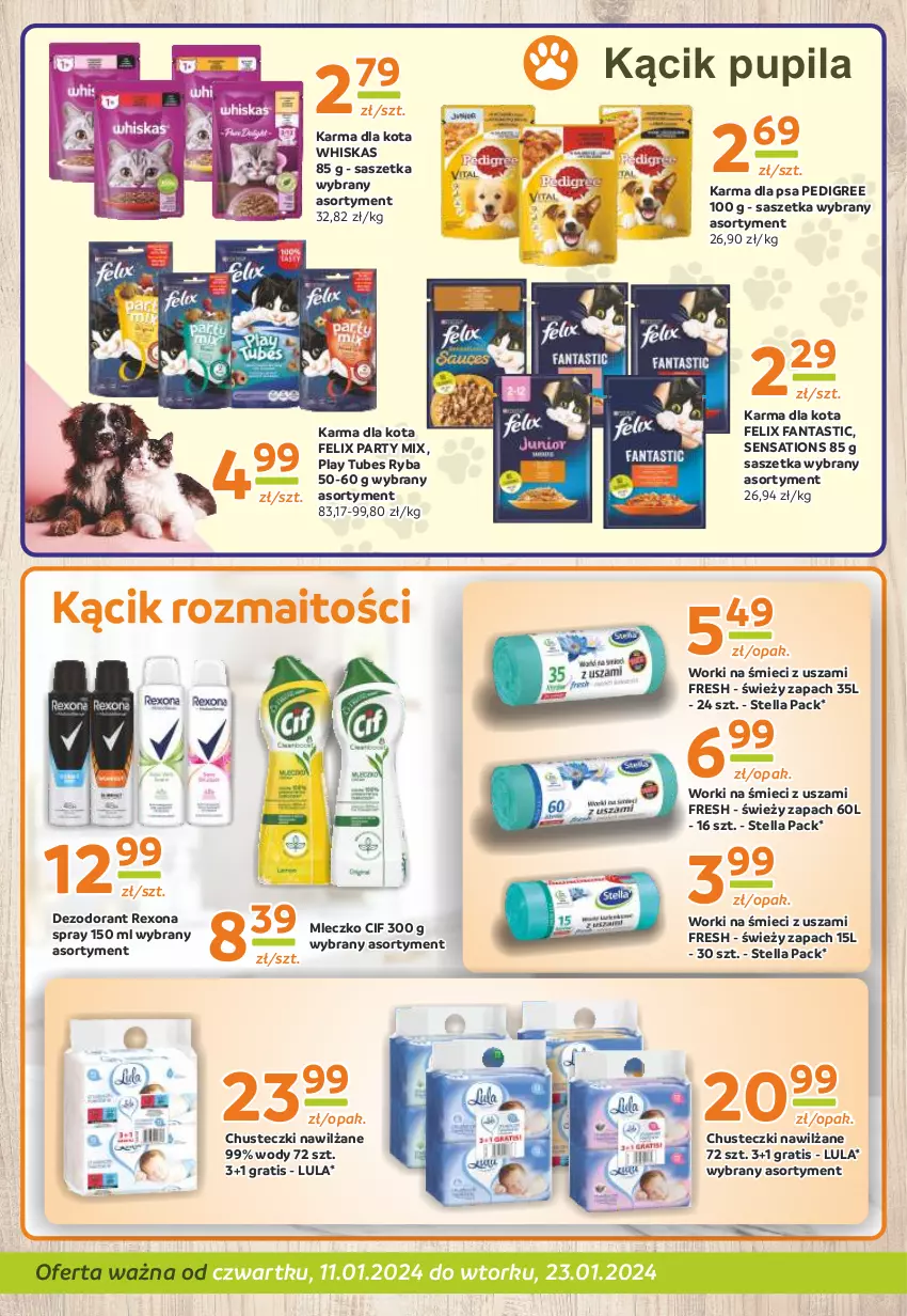 Gazetka promocyjna Gama - Gazetka Gama - ważna 11.01 do 23.01.2024 - strona 10 - produkty: Chusteczki, Cif, Dezodorant, Fa, Fanta, Felix, Gra, Mleczko, Pedigree, Rexona, Ryba, Sati, Whiskas, Worki na śmiec, Worki na śmieci