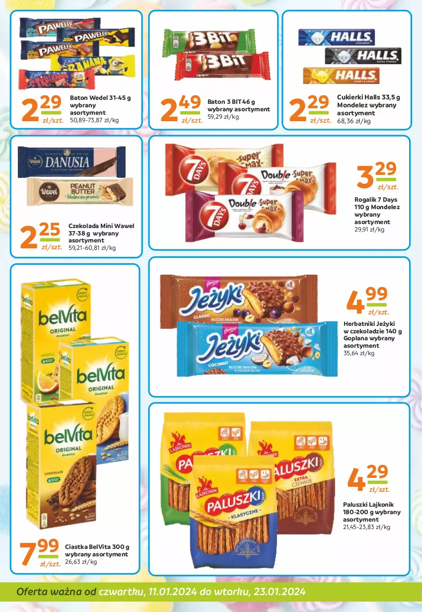 Gazetka promocyjna Gama - Gazetka Gama - ważna 11.01 do 23.01.2024 - strona 6 - produkty: 7 Days, Baton, BelVita, Ciastka, Cukier, Cukierki, Czekolada, Goplana, Halls, Herbatniki, Jeżyki, Lajkonik, LANA, Rogal, Wawel