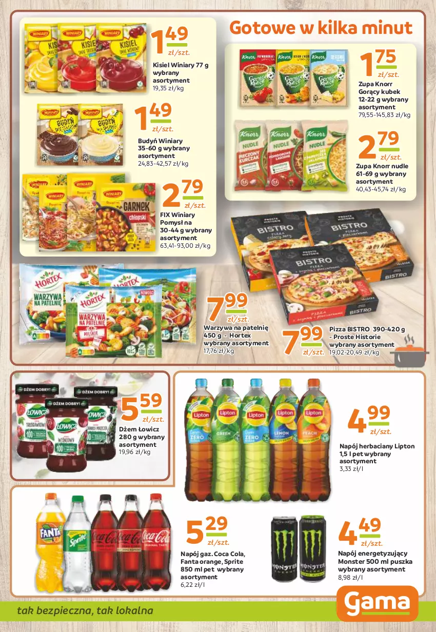 Gazetka promocyjna Gama - Gazetka Gama - ważna 11.01 do 23.01.2024 - strona 9 - produkty: Budyń, Dżem, Fa, Fanta, Hortex, Kisiel, Knorr, Kubek, Lipton, Napój, Piec, Pizza, Sprite, Warzywa, Winiary, Zupa