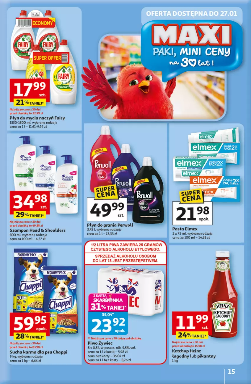 Gazetka promocyjna Auchan - Gazetka 30 Lat Hipermarket Auchan - ważna 22.01 do 28.01.2026 - strona 15 - produkty: Chappi, Do mycia naczyń, Elmex, Fa, Fairy, Gra, Heinz, Ketchup, Perwoll, Piwa, Piwo, Płyn do mycia, Płyn do mycia naczyń, Płyn do prania, Sucha karma, Szampon