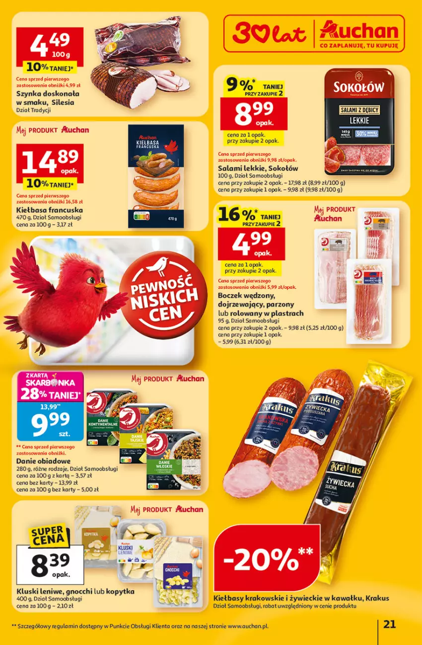 Gazetka promocyjna Auchan - Gazetka 30 Lat Hipermarket Auchan - ważna 22.01 do 28.01.2026 - strona 21 - produkty: BIC, Boczek, Gnocchi, Kawa, Kiełbasa, Kopytka, Krakus, Por, Salami, Sok, Sokołów, Szynka