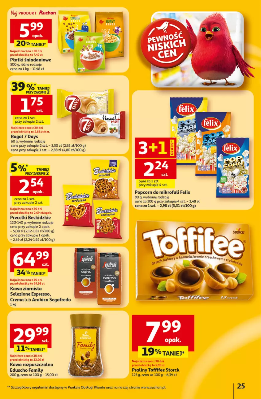Gazetka promocyjna Auchan - Gazetka 30 Lat Hipermarket Auchan - ważna 22.01 do 28.01.2026 - strona 25 - produkty: 7 Days, Beskidzki, BIC, Danio, Fa, Felix, Gra, Kawa, Kawa rozpuszczalna, Kawa ziarnista, Popcorn, Praliny, Precelki, Rogal, Segafredo, Ser, Toffifee
