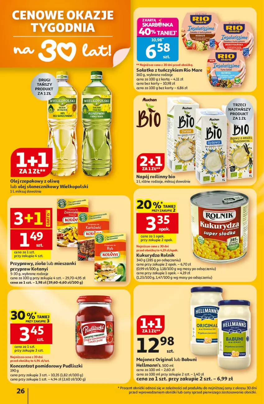 Gazetka promocyjna Auchan - Gazetka 30 Lat Hipermarket Auchan - ważna 22.01 do 28.01.2026 - strona 26 - produkty: Babuni, Gin, Koncentrat pomidorowy, Kukurydza, Majonez, Napój, Napój roślinny, Olej, Olej rzepakowy, Olej słonecznikowy, Przyprawy, Pudliszki, Rio Mare, Rolnik, Sałat, Sałatka, Tuńczyk