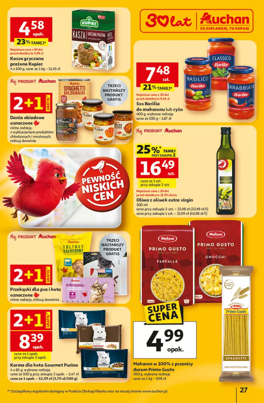 Gazetka promocyjna Auchan - Gazetka 30 Lat Hipermarket Auchan - ważna 22.01 do 28.01.2026 - strona 27 - produkty: Barilla, Gin, Gry, Kasza, Kasza gryczana, Kupiec, Makaron, Oliwa z oliwek, Piec, Przekąski dla psa, Pur, Purina, Rum, Ryż, Sos, Spaghetti