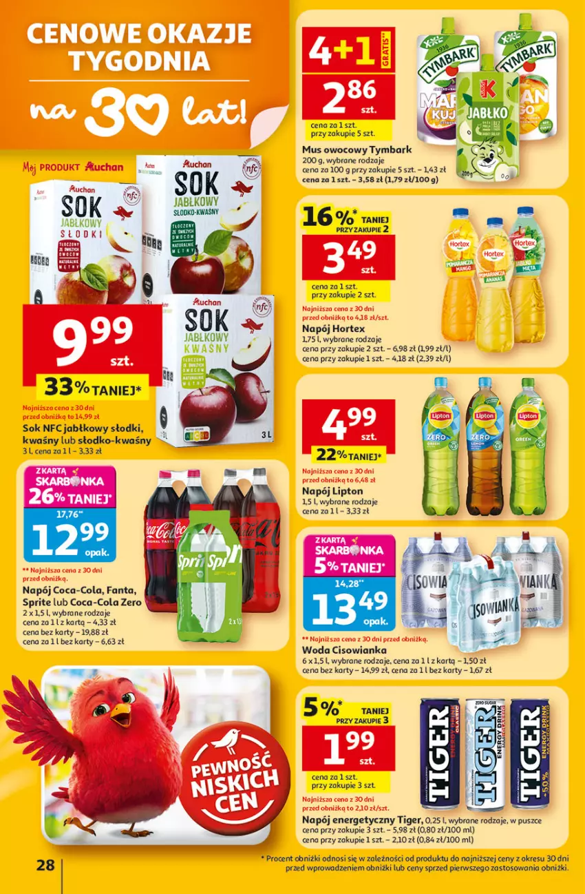 Gazetka promocyjna Auchan - Gazetka 30 Lat Hipermarket Auchan - ważna 22.01 do 28.01.2026 - strona 28 - produkty: Cisowianka, Coca-Cola, Fa, Fanta, Hortex, Lipton, Mus, Napój, Napój energetyczny, Sok, Sprite, Tiger, Tymbark, Woda