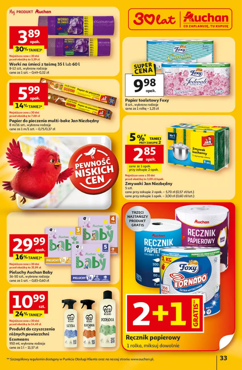 Gazetka promocyjna Auchan - Gazetka 30 Lat Hipermarket Auchan - ważna 22.01 do 28.01.2026 - strona 33 - produkty: Foxy, Gra, Jan Niezbędny, Kuchnia, Papier, Papier do pieczenia, Papier toaletowy, Piec, Pieluchy, Ręcznik, Worki na śmiec, Worki na śmieci