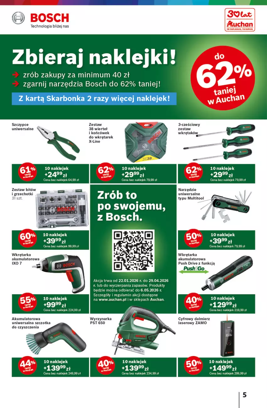 Gazetka promocyjna Auchan - Gazetka 30 Lat Hipermarket Auchan - ważna 22.01 do 28.01.2026 - strona 5 - produkty: Akumulator, Bosch, Klej, Ser, Szczotka, Szczypce, Tarka, Wkręt, Wkrętarka, Wyrzynarka