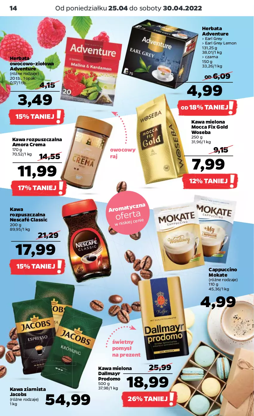 Gazetka promocyjna Netto - Gazetka spożywcza - ważna 25.04 do 30.04.2022 - strona 14 - produkty: Cappuccino, Dallmayr, Earl Grey, Herbata, Jacobs, Kawa, Kawa mielona, Kawa rozpuszczalna, Kawa ziarnista, Mocca Fix Gold, Nescafé, Woseba