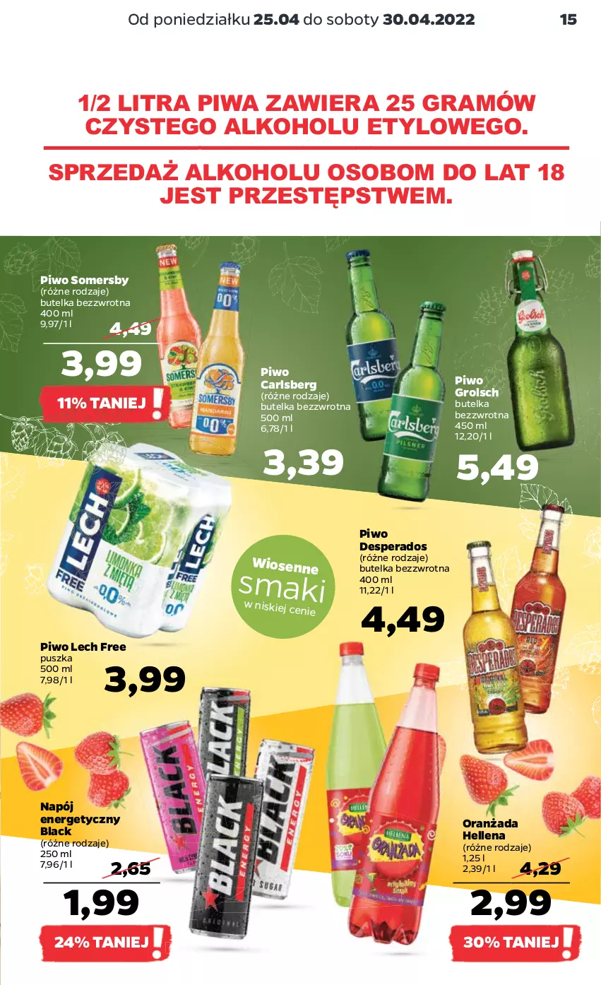 Gazetka promocyjna Netto - Gazetka spożywcza - ważna 25.04 do 30.04.2022 - strona 15 - produkty: Carlsberg, Desperados, Gra, Hellena, Lack, Napój, Napój energetyczny, Oranżada, Piwa, Piwo, Somersby