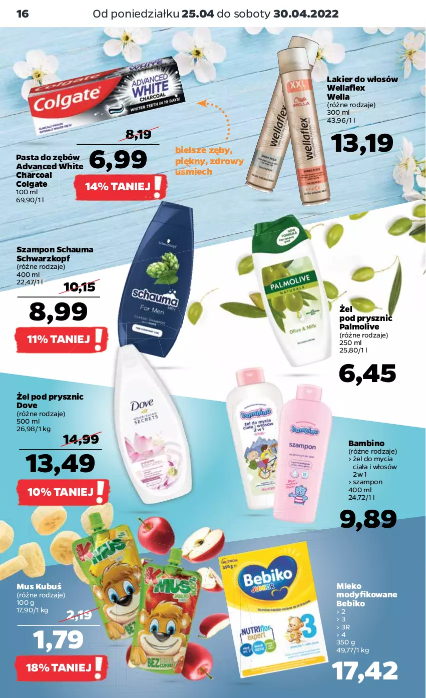 Gazetka promocyjna Netto - Gazetka spożywcza - ważna 25.04 do 30.04.2022 - strona 16 - produkty: Bebiko, Colgate, Dove, Kubuś, Lakier, Lakier do włosów, LG, Mleko, Mleko modyfikowane, Mus, Palmolive, Pasta do zębów, Schauma, Schwarzkopf, Szampon, Wella, Wellaflex