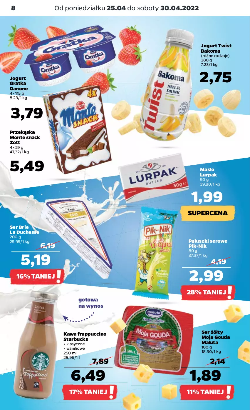 Gazetka promocyjna Netto - Gazetka spożywcza - ważna 25.04 do 30.04.2022 - strona 8 - produkty: Bakoma, Brie, Danone, Gouda, Gra, Jogurt, Kawa, Lurpak, Masło, Monte, Ser, Zott