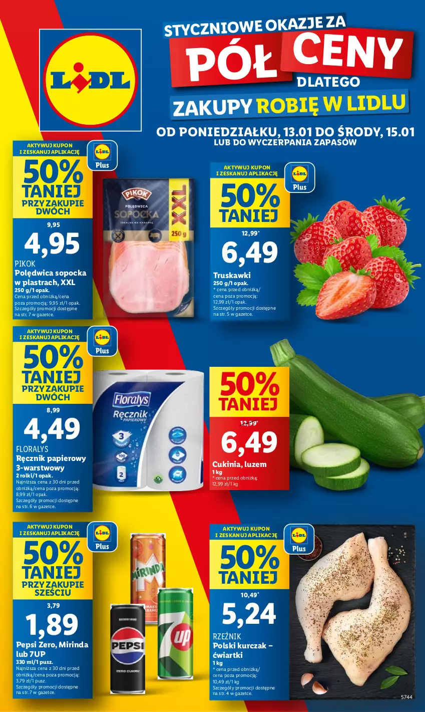 Gazetka promocyjna Lidl - GAZETKA - ważna 13.01 do 15.01.2025 - strona 1 - produkty: 7up, Flora, Kurczak, Mirinda, Papier, Pepsi, PIKOK, Polędwica, Ręcznik, Rolki, Truskawki