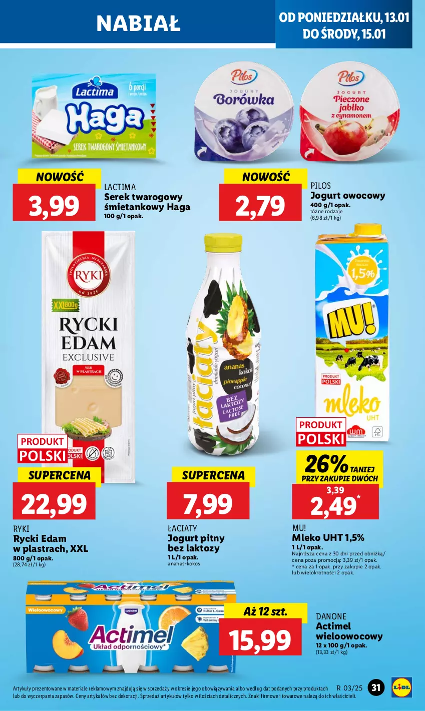 Gazetka promocyjna Lidl - GAZETKA - ważna 13.01 do 15.01.2025 - strona 35 - produkty: Actimel, Ananas, Danone, Edam, Jogurt, Jogurt owocowy, Jogurt pitny, Kokos, Mleko, Pilos, Rycki Edam, Ser, Serek, Serek twarogowy