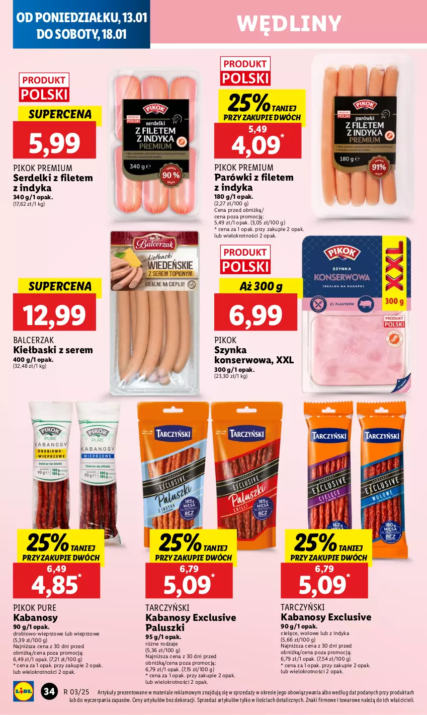 Gazetka promocyjna Lidl - GAZETKA - ważna 13.01 do 15.01.2025 - strona 38 - produkty: Kabanos, Parówki, PIKOK, Pur, Ser, Serdelki, Szynka, Szynka konserwowa, Tarczyński