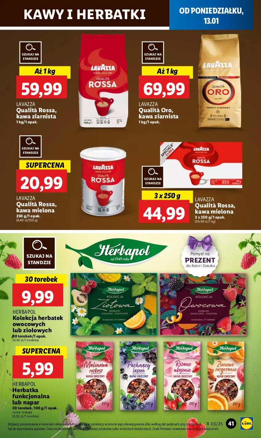 Gazetka promocyjna Lidl - GAZETKA - ważna 13.01 do 15.01.2025 - strona 46 - produkty: Herbapol, Kawa, Kawa mielona, Kawa ziarnista, Lavazza, Torebka