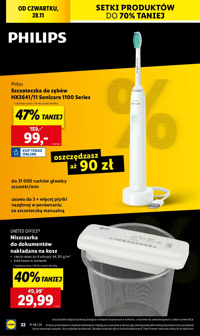 Gazetka promocyjna Lidl - GAZETKA - ważna 25.11 do 30.11.2024 - strona 22 - produkty: Kosz, Niszczarka, Philips, Por, Ser, Szczoteczka, Szczoteczka do zębów