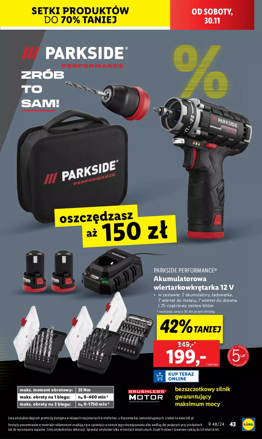 Gazetka promocyjna Lidl - GAZETKA - ważna 25.11 do 30.11.2024 - strona 45 - produkty: Akumulator, Akumulatorowa wiertarkowkrętark, Parkside, Tarka, Warka, Wiertarkowkrętarka, Wkręt, Wkrętarka