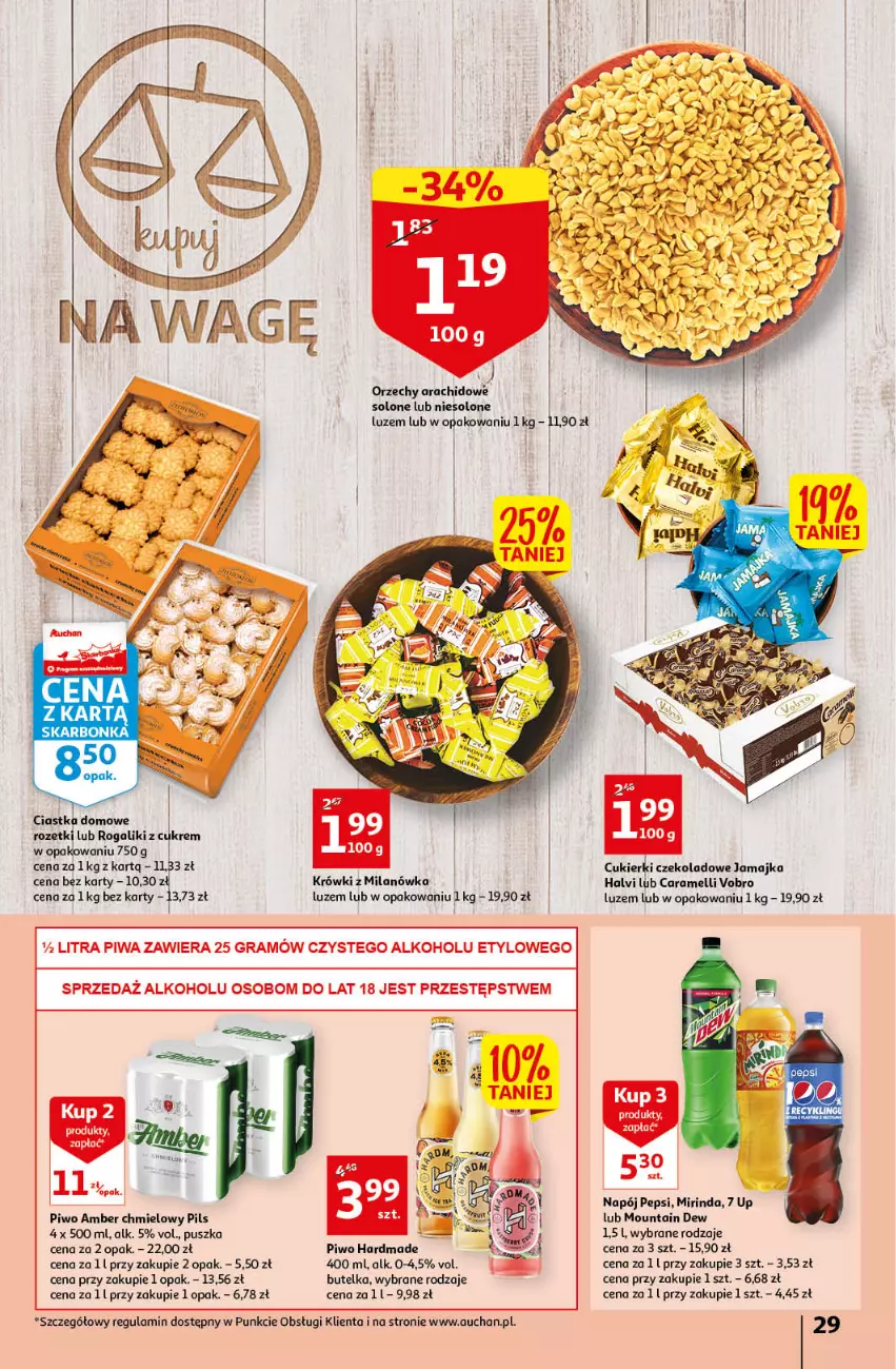 Gazetka promocyjna Auchan - Gazetka Rewelacyjnie małe ceny Auchan Hipermarket - ważna 03.01 do 11.01.2023 - strona 29 - produkty: Ciastka, Cukier, Cukierki, Cukierki czekoladowe, Gra, Mirinda, Napój, Pepsi, Piwa, Piwo, Rogal