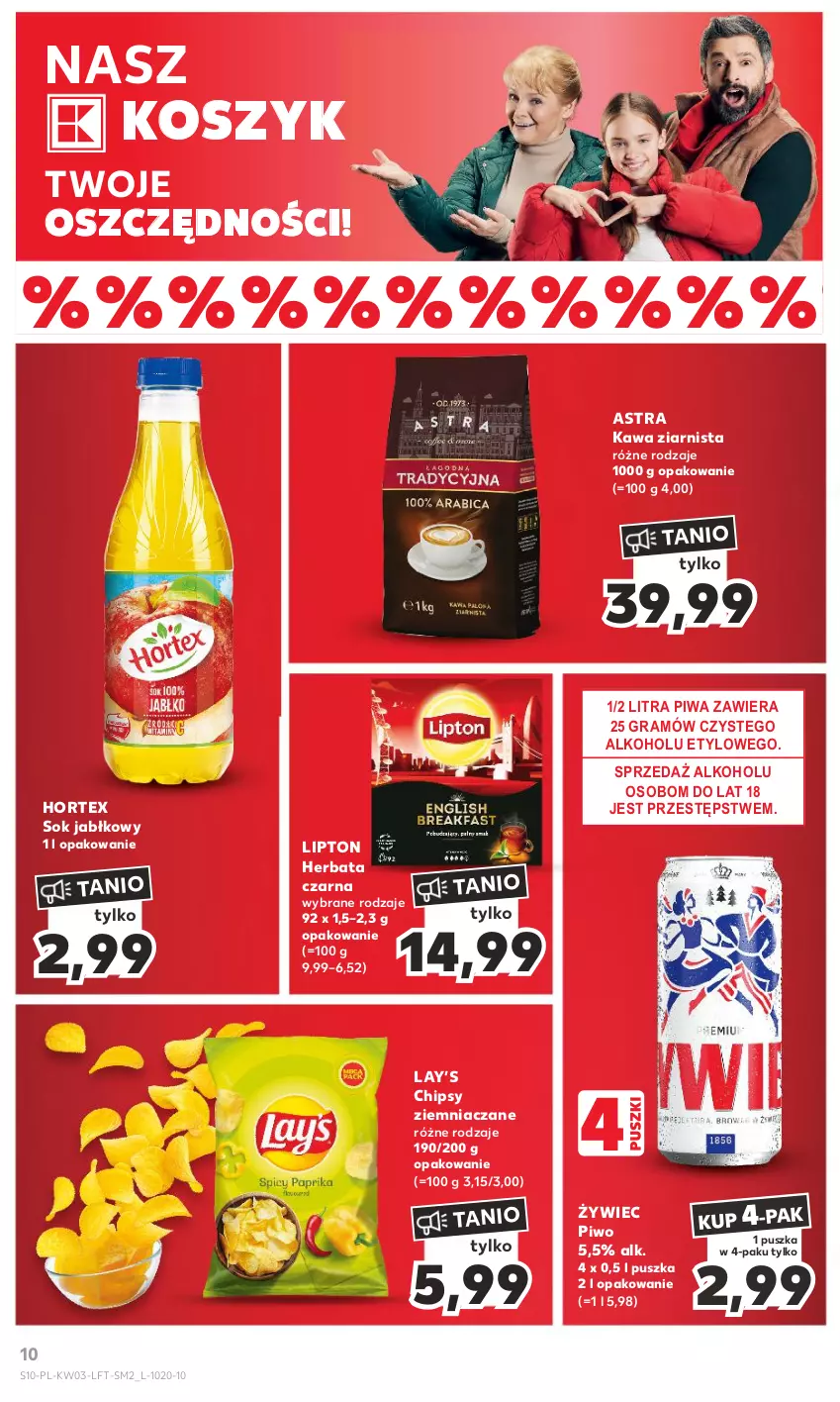 Gazetka promocyjna Kaufland - Gazetka tygodnia - ważna 18.01 do 24.01.2024 - strona 10 - produkty: Chipsy, Gra, Herbata, Herbata czarna, Hortex, Kawa, Kawa ziarnista, Kosz, Lay’s, Lipton, Piwa, Piwo, Sok, Sok jabłkowy