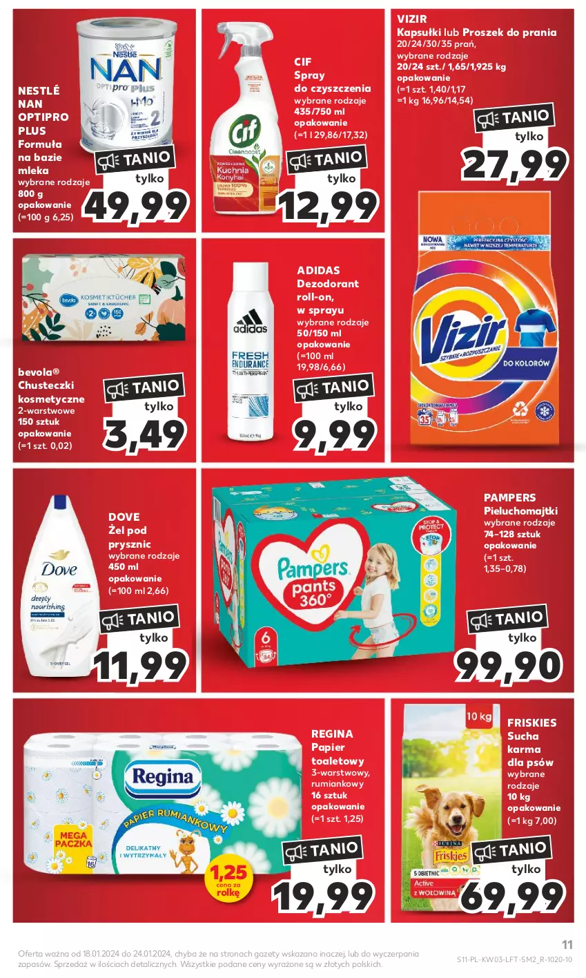 Gazetka promocyjna Kaufland - Gazetka tygodnia - ważna 18.01 do 24.01.2024 - strona 11 - produkty: Adidas, Chusteczki, Chusteczki kosmetyczne, Cif, Dezodorant, Dove, Friskies, Gin, Majtki, NAN Optipro, Nestlé, Pampers, Papier, Papier toaletowy, Pieluchomajtki, Proszek do prania, Rum, Spray do czyszczenia, Sucha karma, Vizir