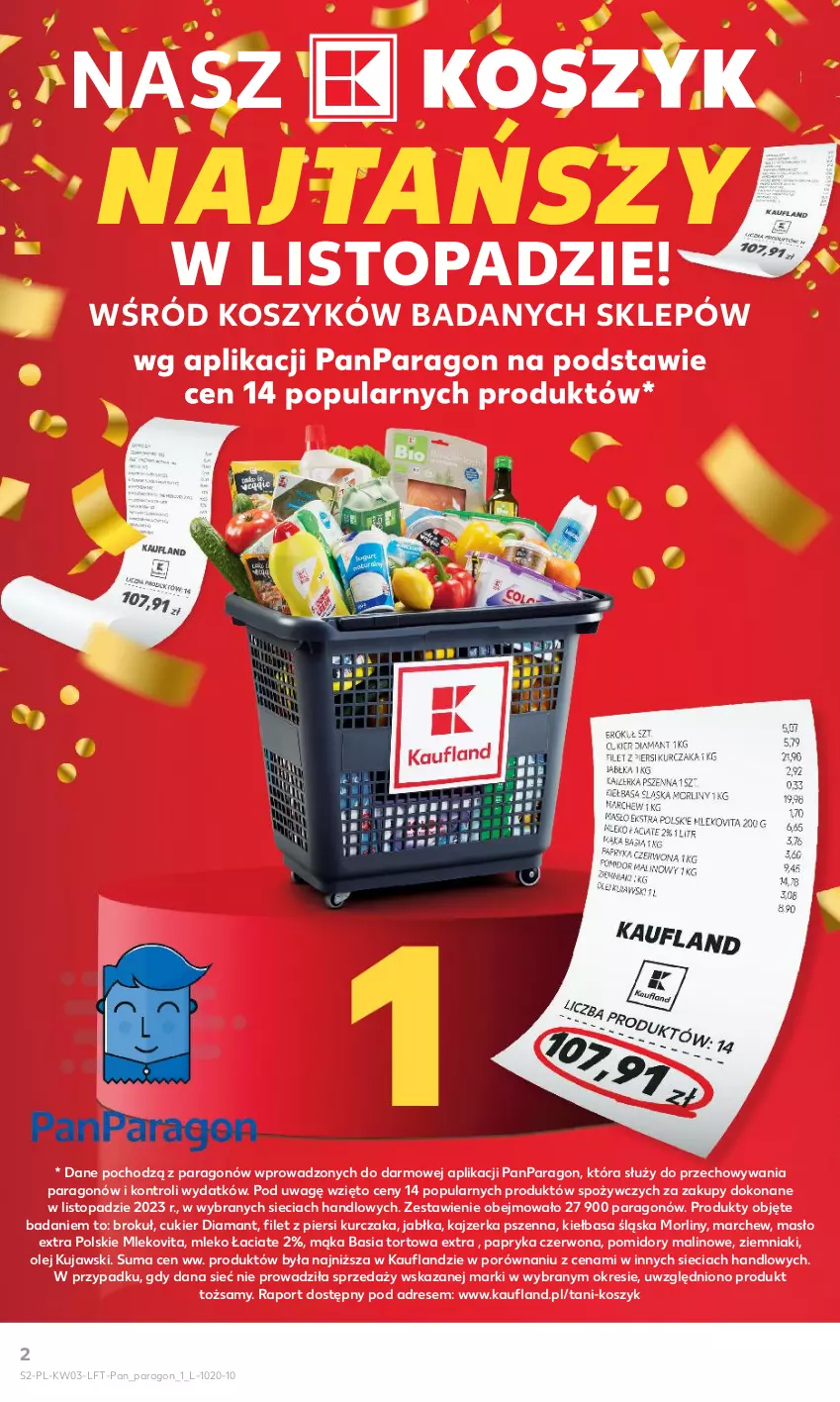 Gazetka promocyjna Kaufland - Gazetka tygodnia - ważna 18.01 do 24.01.2024 - strona 2 - produkty: Basia, Cukier, Diamant, Dres, Jabłka, Kajzerka, Kajzerka pszenna, Kiełbasa, Kiełbasa śląska, Kosz, Kujawski, Kurczak, Mąka, Masło, Mleko, Mlekovita, Morliny, Olej, Papryka, Papryka czerwona, Pomidory, Por, Top, Ziemniaki