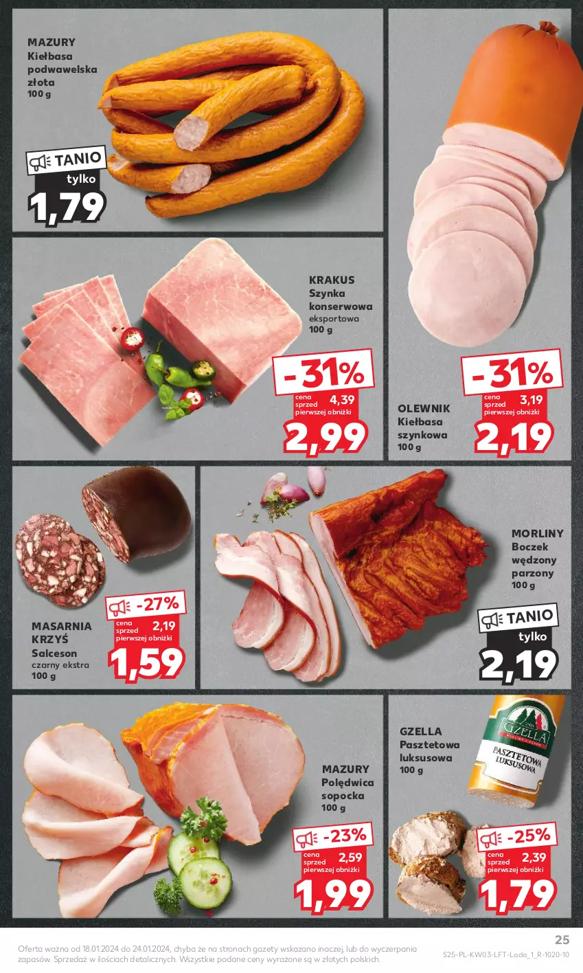 Gazetka promocyjna Kaufland - Gazetka tygodnia - ważna 18.01 do 24.01.2024 - strona 25 - produkty: Boczek, Kiełbasa, Kiełbasa podwawelska, Kiełbasa szynkowa, Krakus, Morliny, Olewnik, Pasztet, Polędwica, Por, Salceson, Ser, Sport, Szynka, Szynka konserwowa, Wawel