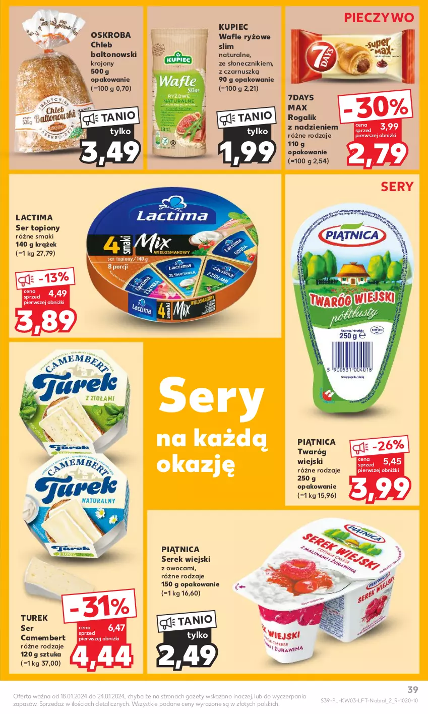 Gazetka promocyjna Kaufland - Gazetka tygodnia - ważna 18.01 do 24.01.2024 - strona 39 - produkty: Camembert, Chleb, Kupiec, Piątnica, Piec, Pieczywo, Rogal, Ryż, Ser, Ser topiony, Serek, Serek wiejski, Top, Twaróg, Wafle