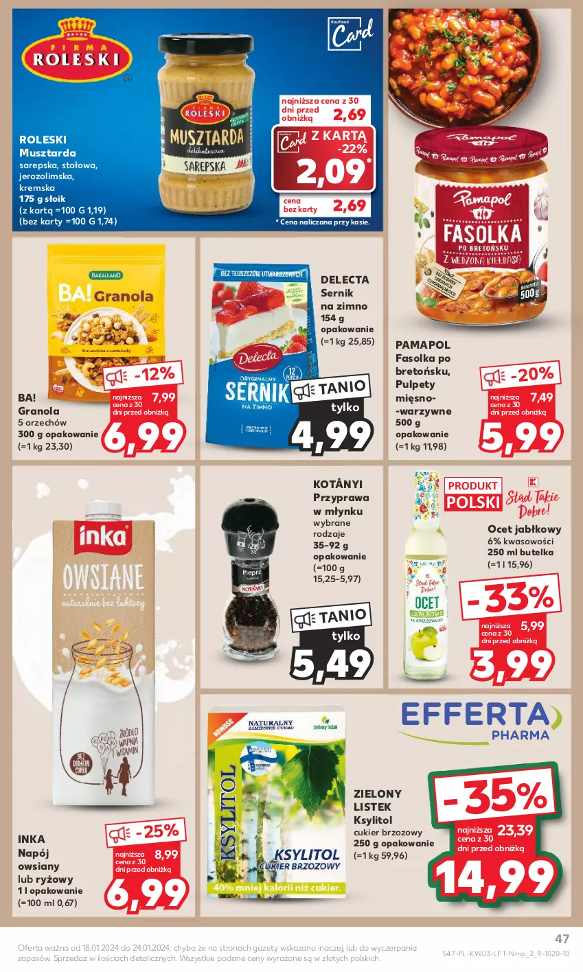 Gazetka promocyjna Kaufland - Gazetka tygodnia - ważna 18.01 do 24.01.2024 - strona 47 - produkty: Ba!, Cukier, Delecta, Fa, Gra, Granola, Inka, Kotányi, Ksylitol, Mus, Musztarda, Napój, Ocet, Pulpety, Ryż, Ser, Stek