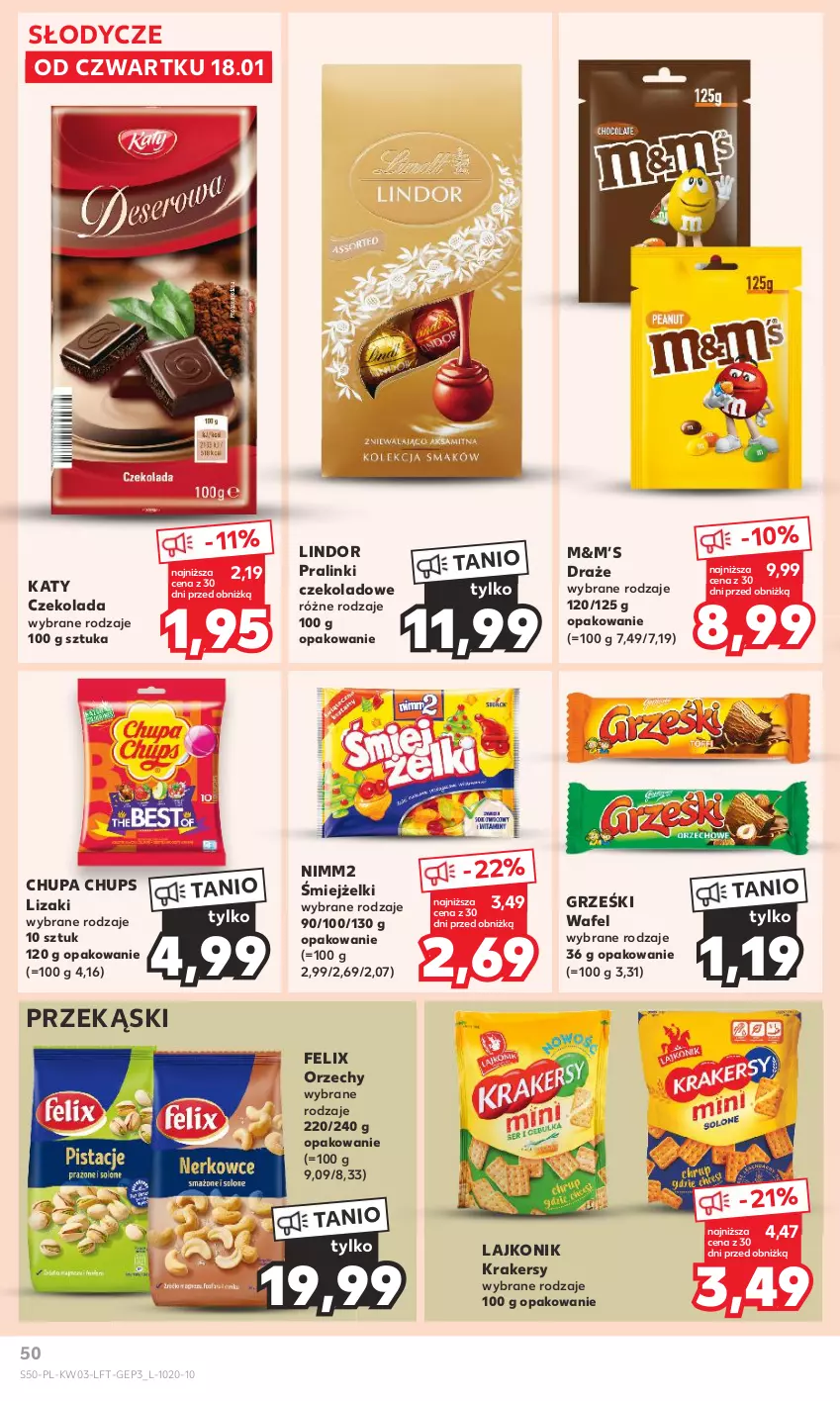 Gazetka promocyjna Kaufland - Gazetka tygodnia - ważna 18.01 do 24.01.2024 - strona 50 - produkty: Chupa Chups, Czekolada, Felix, Grześki, Krakersy, Lajkonik, Lindor, Lizaki, Nimm2