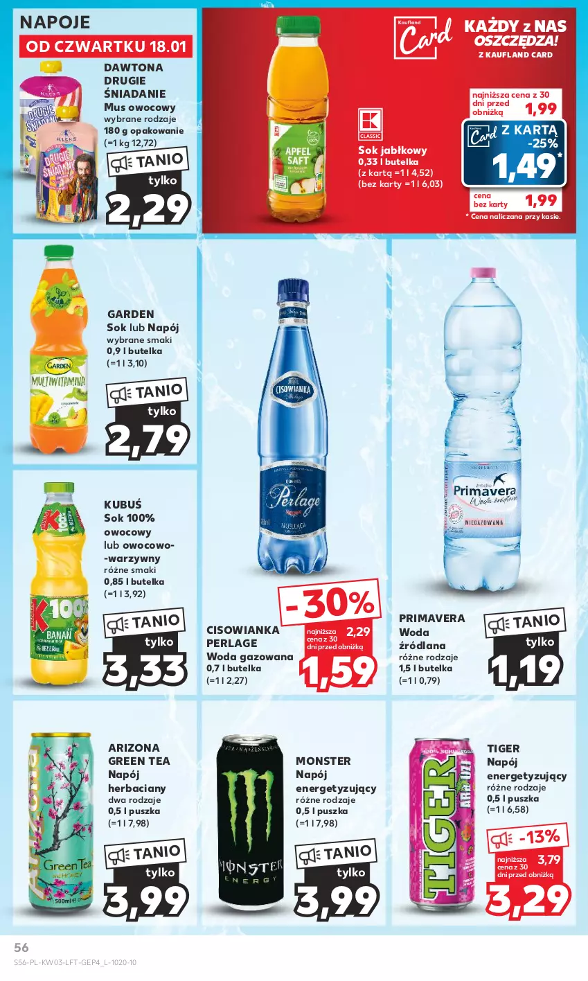 Gazetka promocyjna Kaufland - Gazetka tygodnia - ważna 18.01 do 24.01.2024 - strona 56 - produkty: Cisowianka, Dawtona, Kubuś, LANA, Mus, Napój, Napoje, Prima, Primavera, Sok, Sok jabłkowy, Tiger, Woda, Woda gazowana