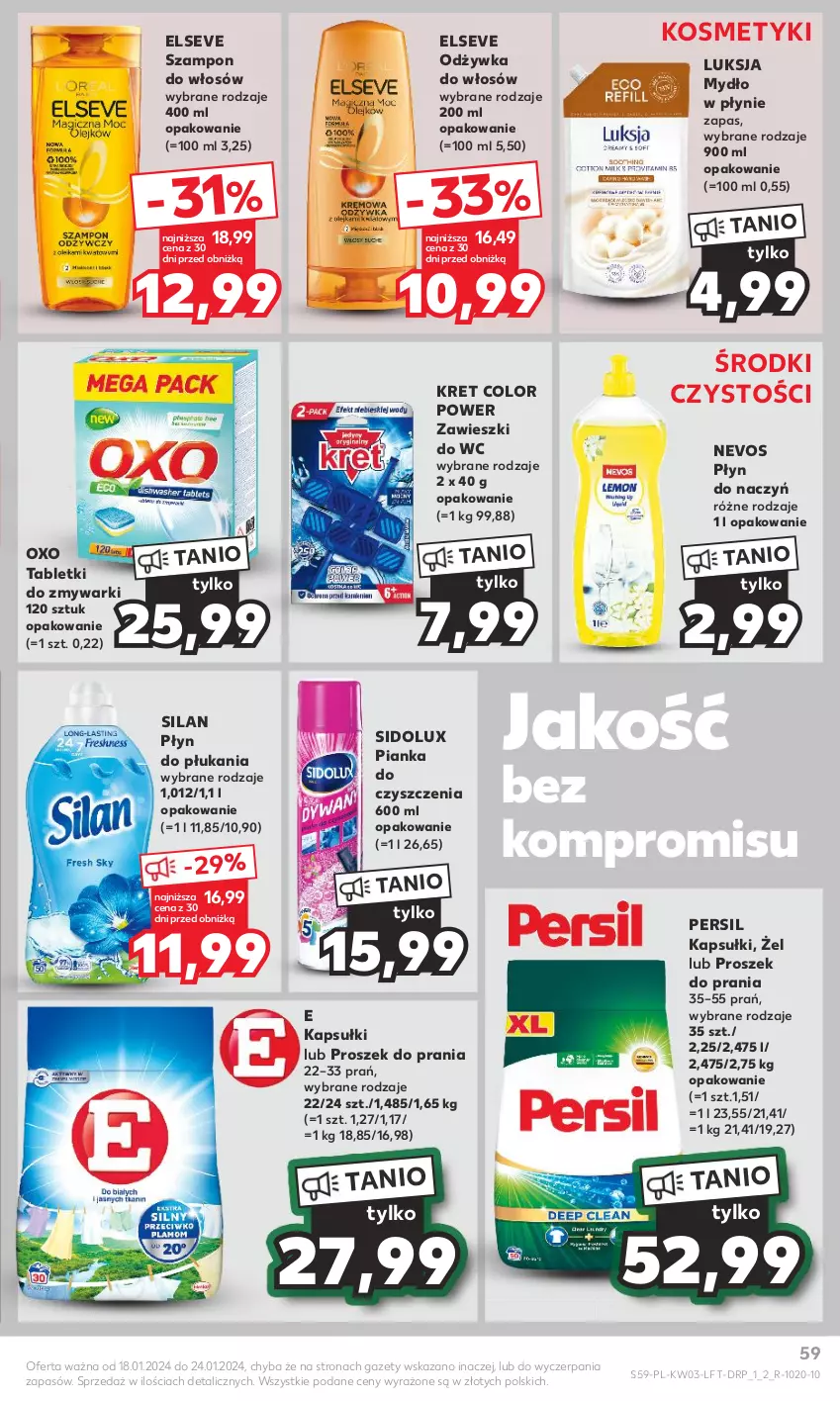 Gazetka promocyjna Kaufland - Gazetka tygodnia - ważna 18.01 do 24.01.2024 - strona 59 - produkty: Elseve, Kret, Luksja, Mydło, Mydło w płynie, Odżywka, Persil, Pianka do czyszczenia, Płyn do płukania, Proszek do prania, Sidolux, Silan, Szampon, Tablet, Tabletki do zmywarki, Zawieszki, Zmywarki